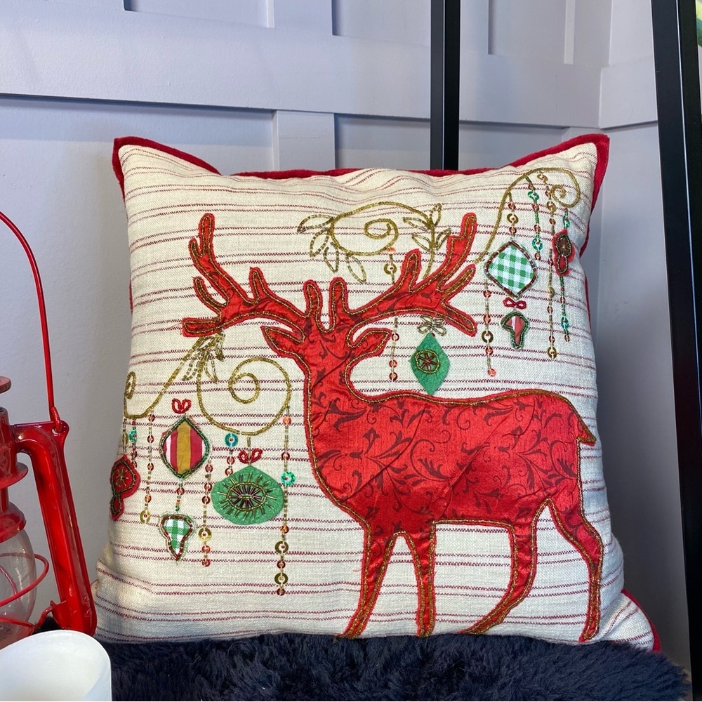 Beaded Deer Pillow with waterfowl feather down insert Red Gold Christmas Decor